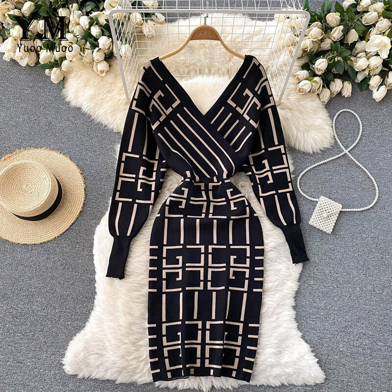 Vestido de punto ajustado YuooMuoo con escote en V y diseño geométrico, para otoño e invierno