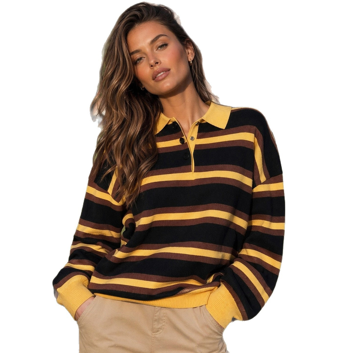 Color blocked striped Polo loose pullover sweater