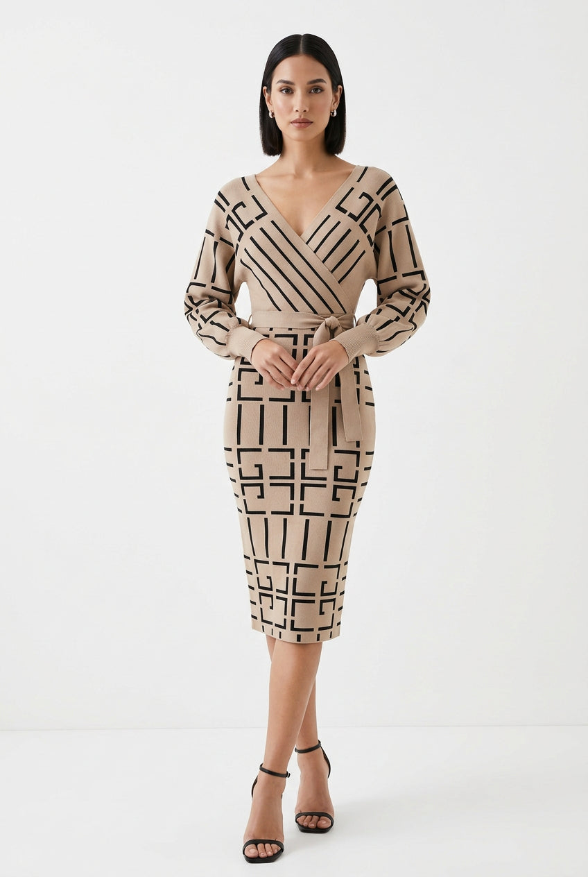 Vestido de punto ajustado YuooMuoo con escote en V y diseño geométrico, para otoño e invierno