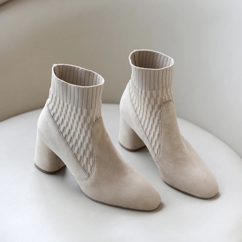 Botines para mujer con plataforma, tacón ancho y punta cuadrada, sin cordones