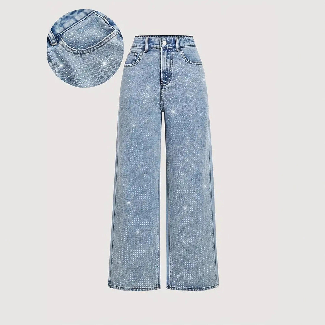 Crisp denim jeans, fashion rhinestone embellished high waist loose casual straight leg jeans