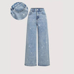 Crisp denim jeans, fashion rhinestone embellished high waist loose casual straight leg jeans