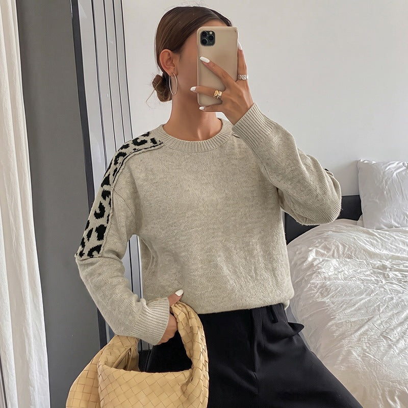 Leopard print spliced pullover sweater