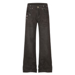 Women's High Street Embroidered Pocket Washed Distressed Cat Whisker Micro Flare Denim Jeans