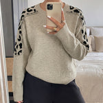 Leopard print spliced pullover sweater