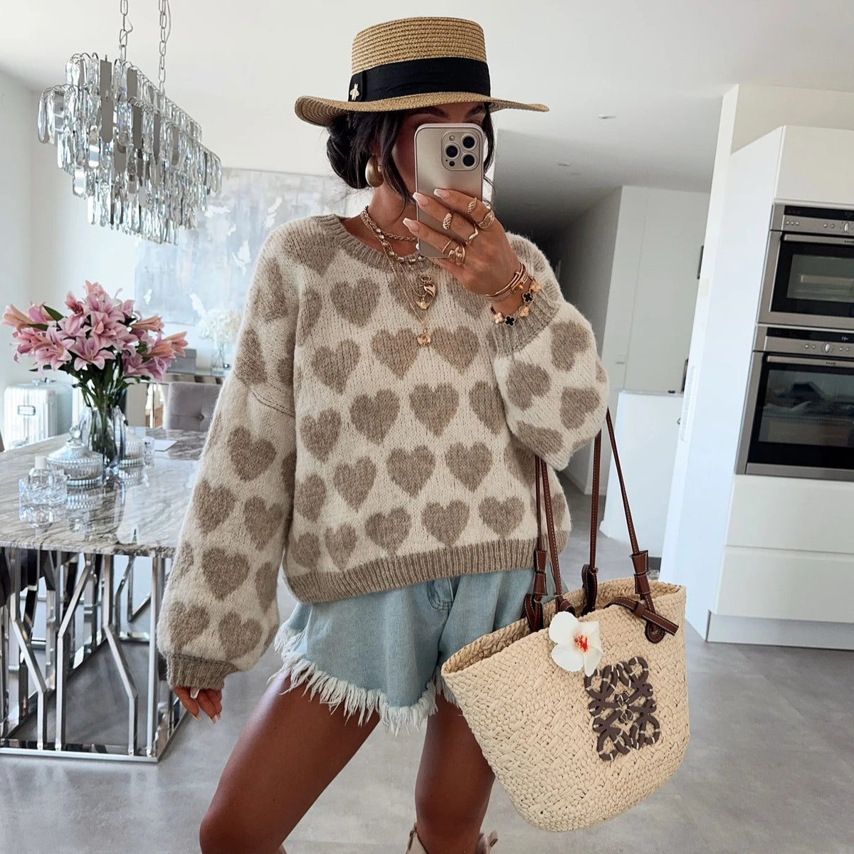 Love jacquard contrasting pullover sweater