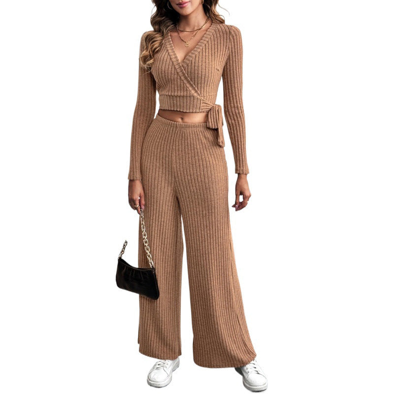 Conjunto de dos piezas para mujer con textura, manga larga y lazada