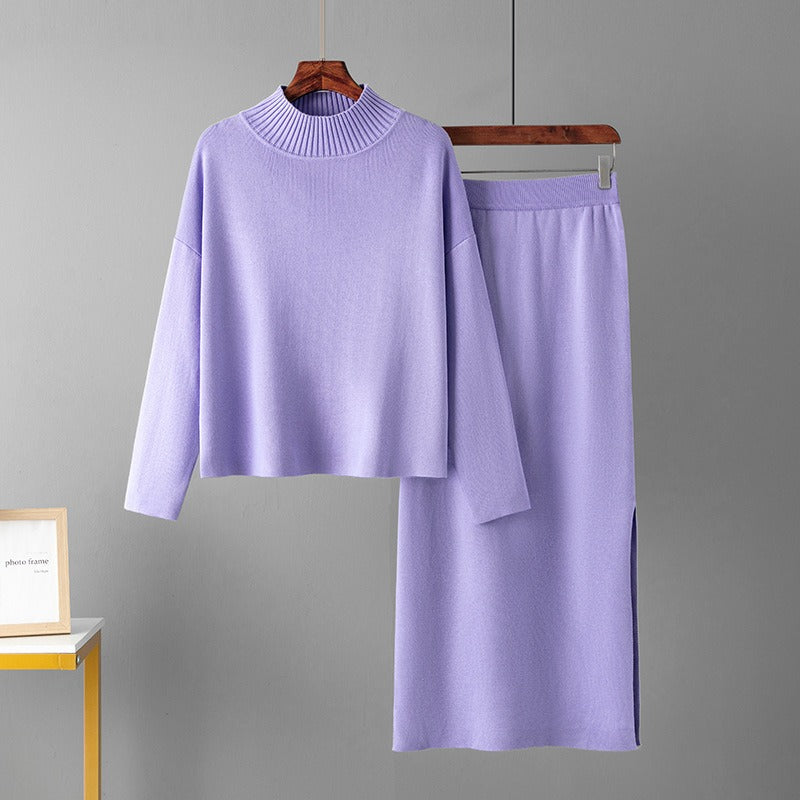 Conjunto de punto de dos piezas para mujer con jersey de cuello alto y falda larga recta, abrigado para invierno.