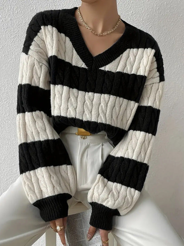 Autumn Winter Knitwear Fashion Vintage Striped Color-block Sweater Loose Casual Versatile Top