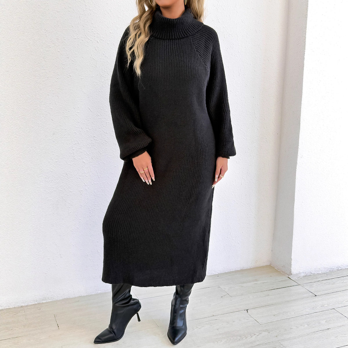 Vestido largo tipo jersey para mujer, holgado y casual, con cuello alto o vuelto, sin cinturón