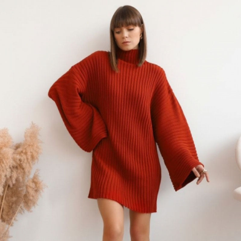 Vestido de punto para mujer con cuello vuelto y mangas acampanadas, liso y holgado para invierno