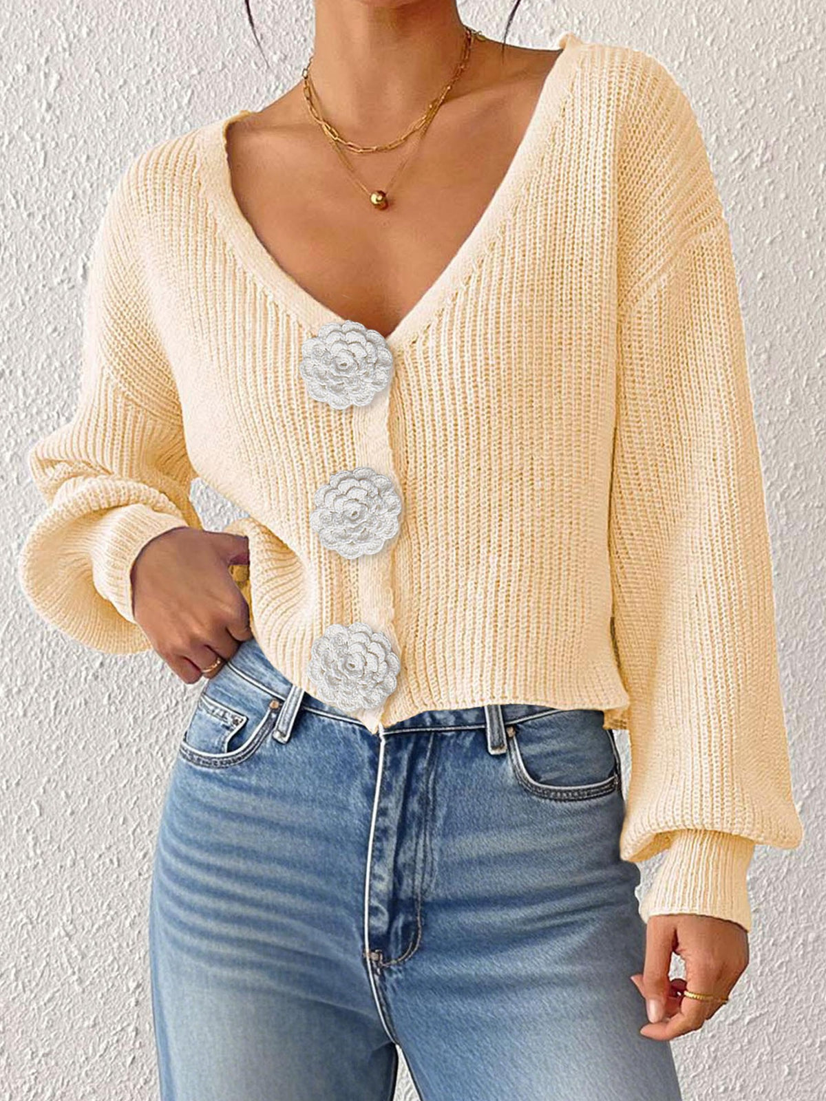 Women's Knit Sweater, Cropped Cardigan with Hand-Crocheted Floral Decoratio