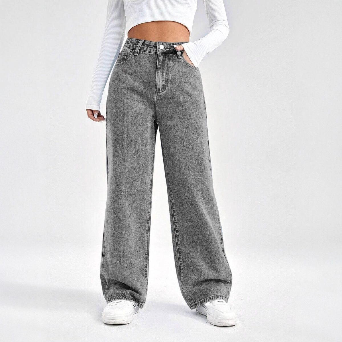 Denim pants women gray washed high waist loose wide leg jeans