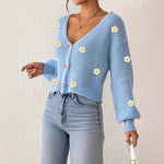 Cardigan for Women with Hand-Crocheted 3D Flower Splicing, Loose Long Sleeve Short Coat