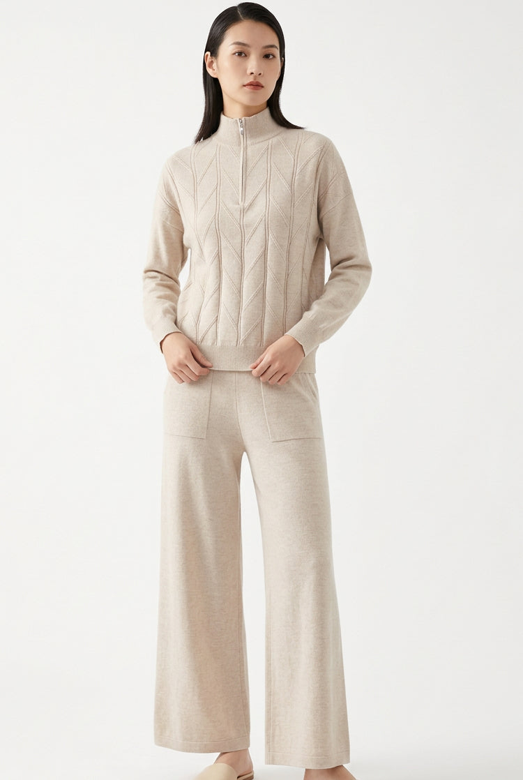Conjunto de dos piezas con jersey de media cremallera y pantalón de pernera ancha
