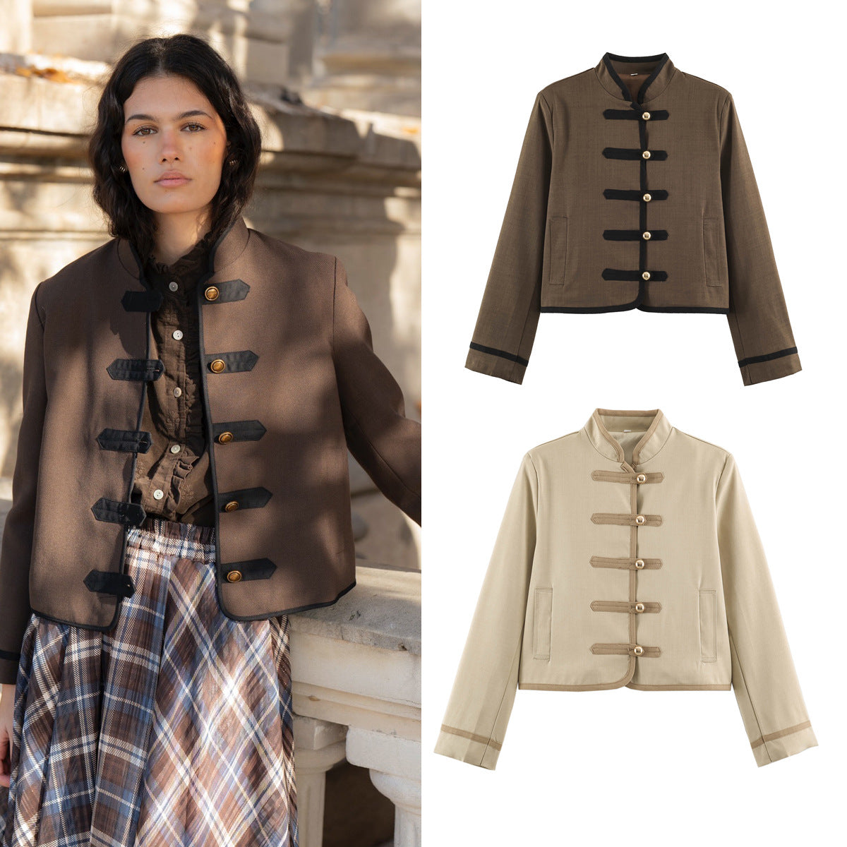 Loose knot breasted long sleeved stand up collar jacket for women