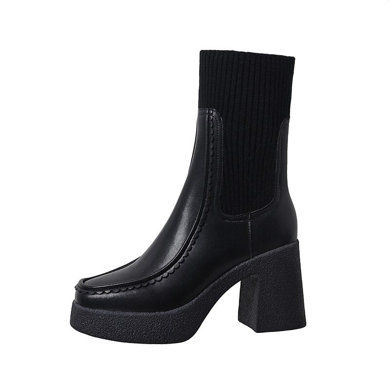 Botines elásticos tipo calcetín para mujer con plataforma y tacón alto, cálidos para otoño e invierno