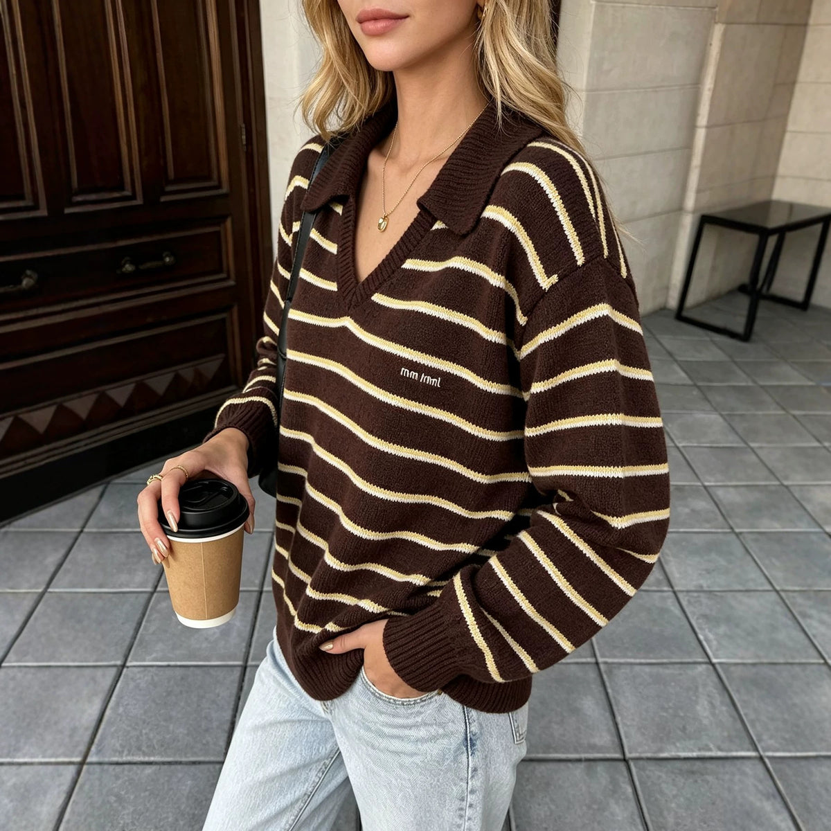 Polo collar striped sweater