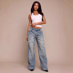 Women's nail bead washed jeans, women's high waisted straight leg pants, spicy girl pants