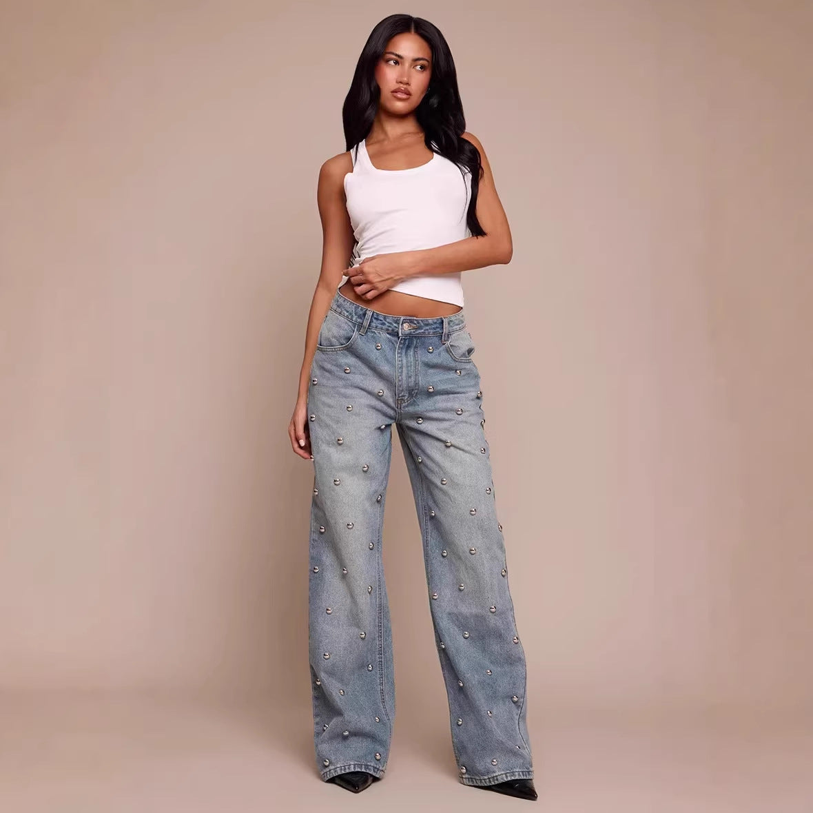 Women's nail bead washed jeans, women's high waisted straight leg pants, spicy girl pants