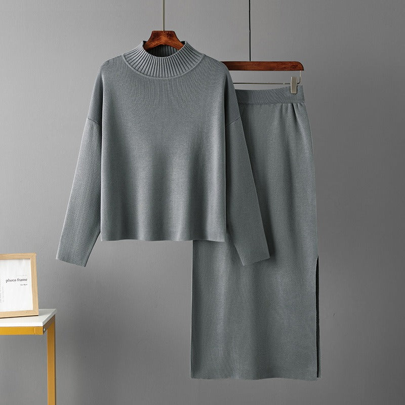 Conjunto de punto de dos piezas para mujer con jersey de cuello alto y falda larga recta, abrigado para invierno.
