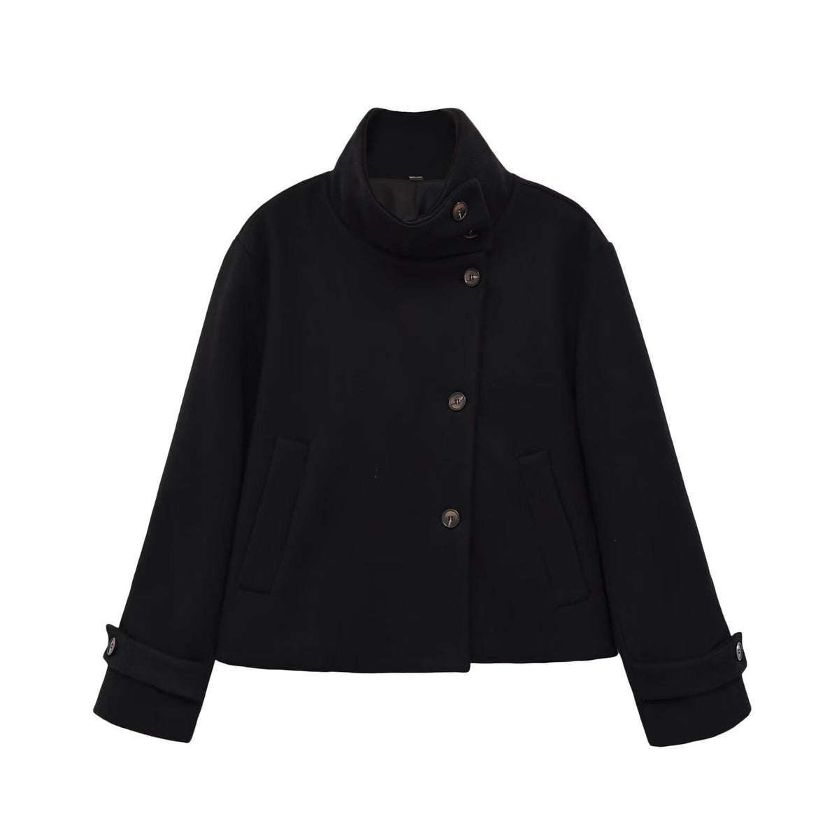 Slant breasted single breasted standing collar woolen coat for women