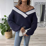 V-neck Loose Knit Sweater for Women, Oversized Pullover Sweater