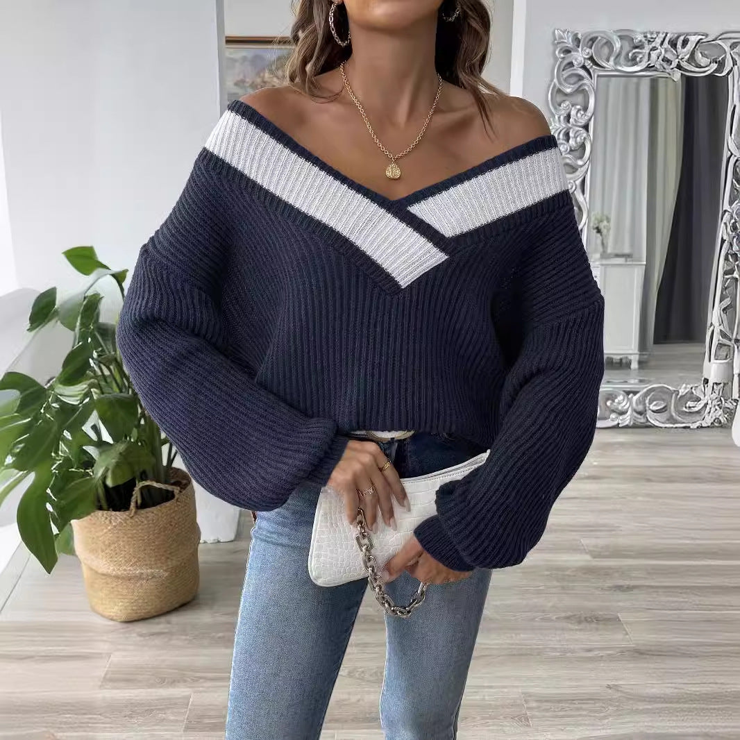 V-neck Loose Knit Sweater for Women, Oversized Pullover Sweater