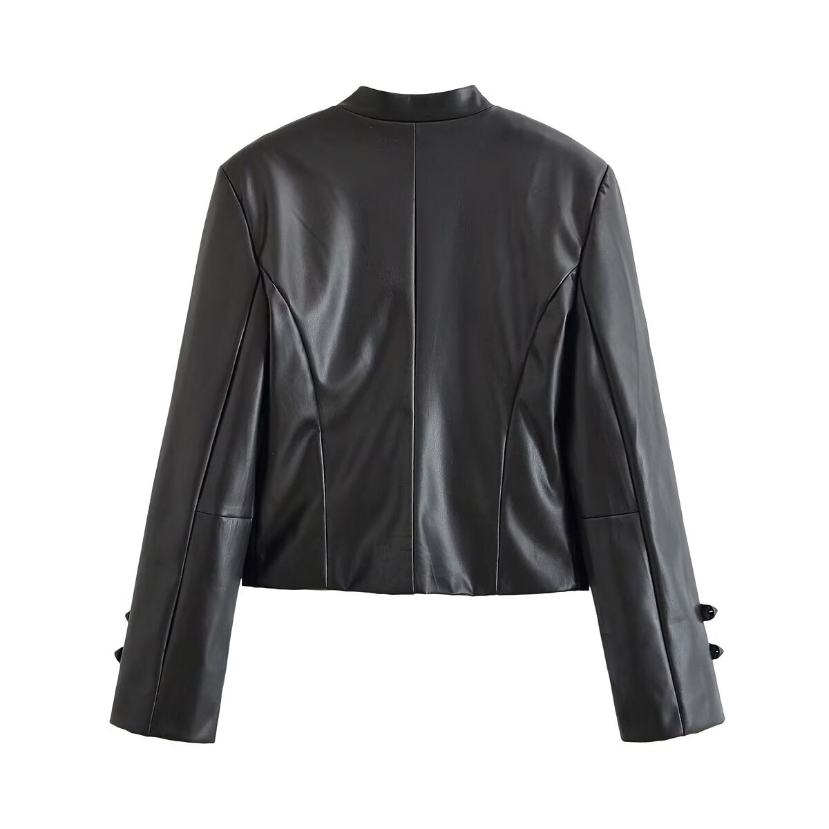 Simple knot and buckle decoration faux leather jacket for women