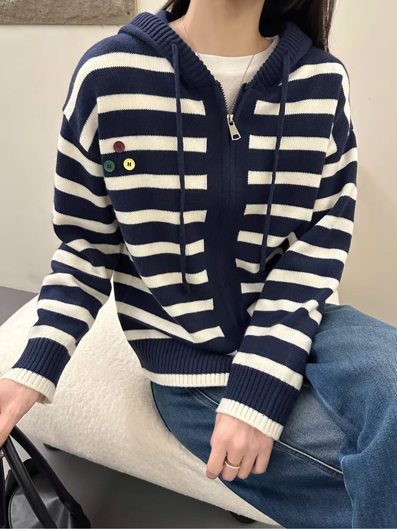 Chic Women's Striped Knit Cardigan Sweater with Unique Design