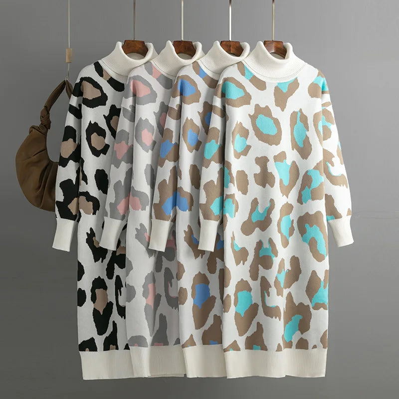 Vestido largo de punto para mujer con cuello vuelto y estampado de leopardo, holgado para otoño e invierno