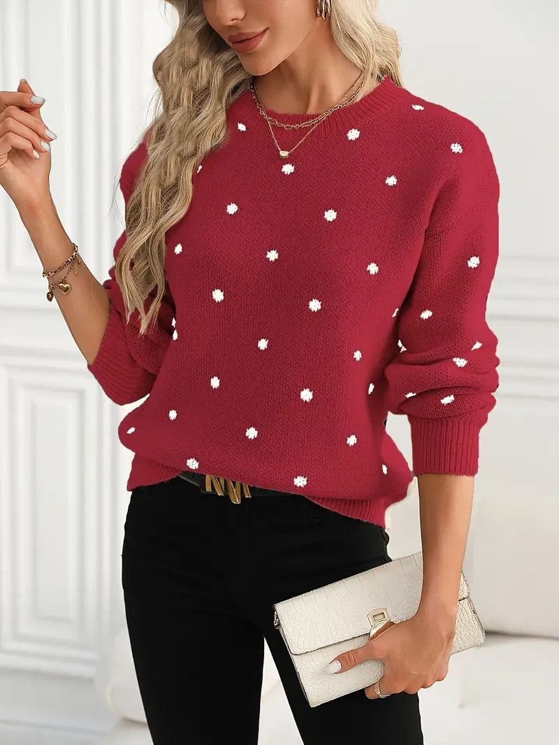 Round neck long sleeved pullover women's polka dot jacquard knitted sweater