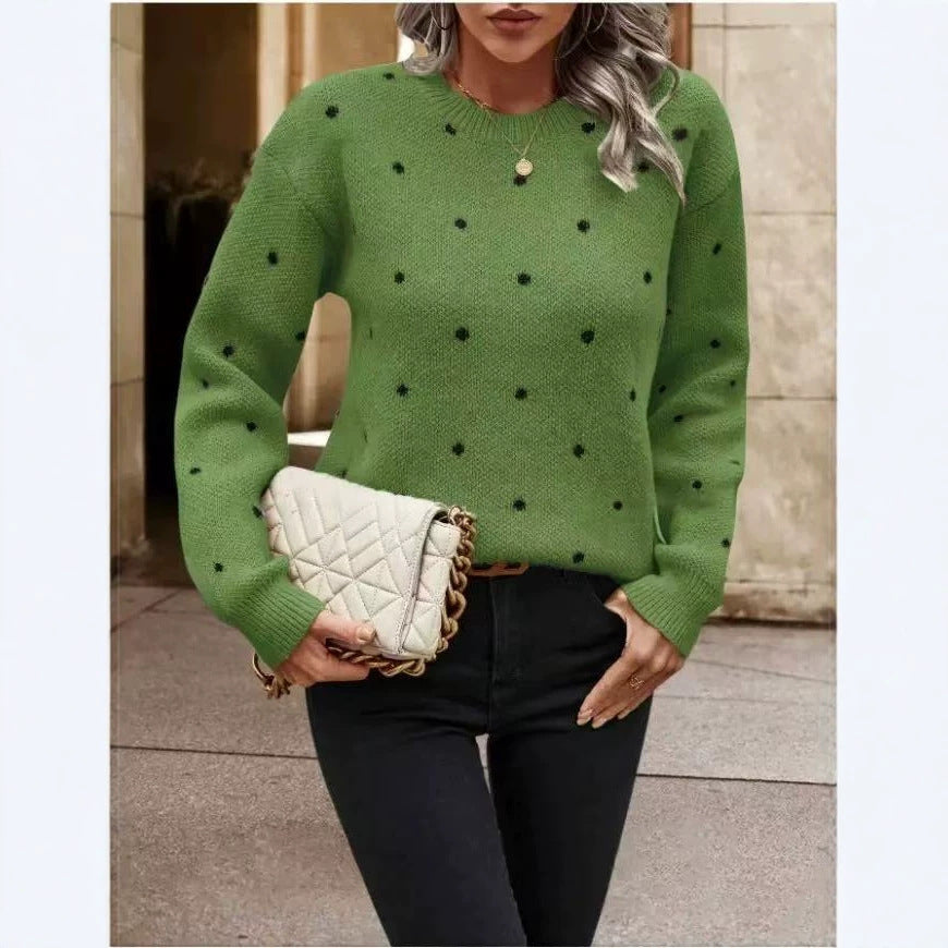Round neck long sleeved pullover women's polka dot jacquard knitted sweater
