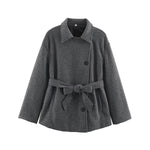 Slanted breasted buckle with waist belt woolen coat for women