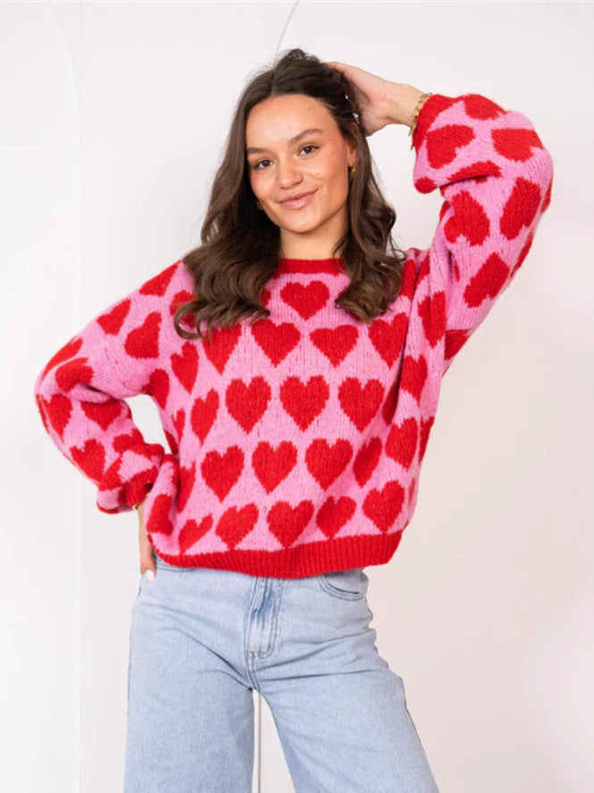 Love jacquard contrasting pullover sweater