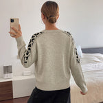 Leopard print spliced pullover sweater