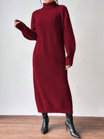 Vestido largo de punto liso para mujer con manga larga y cuello alto
