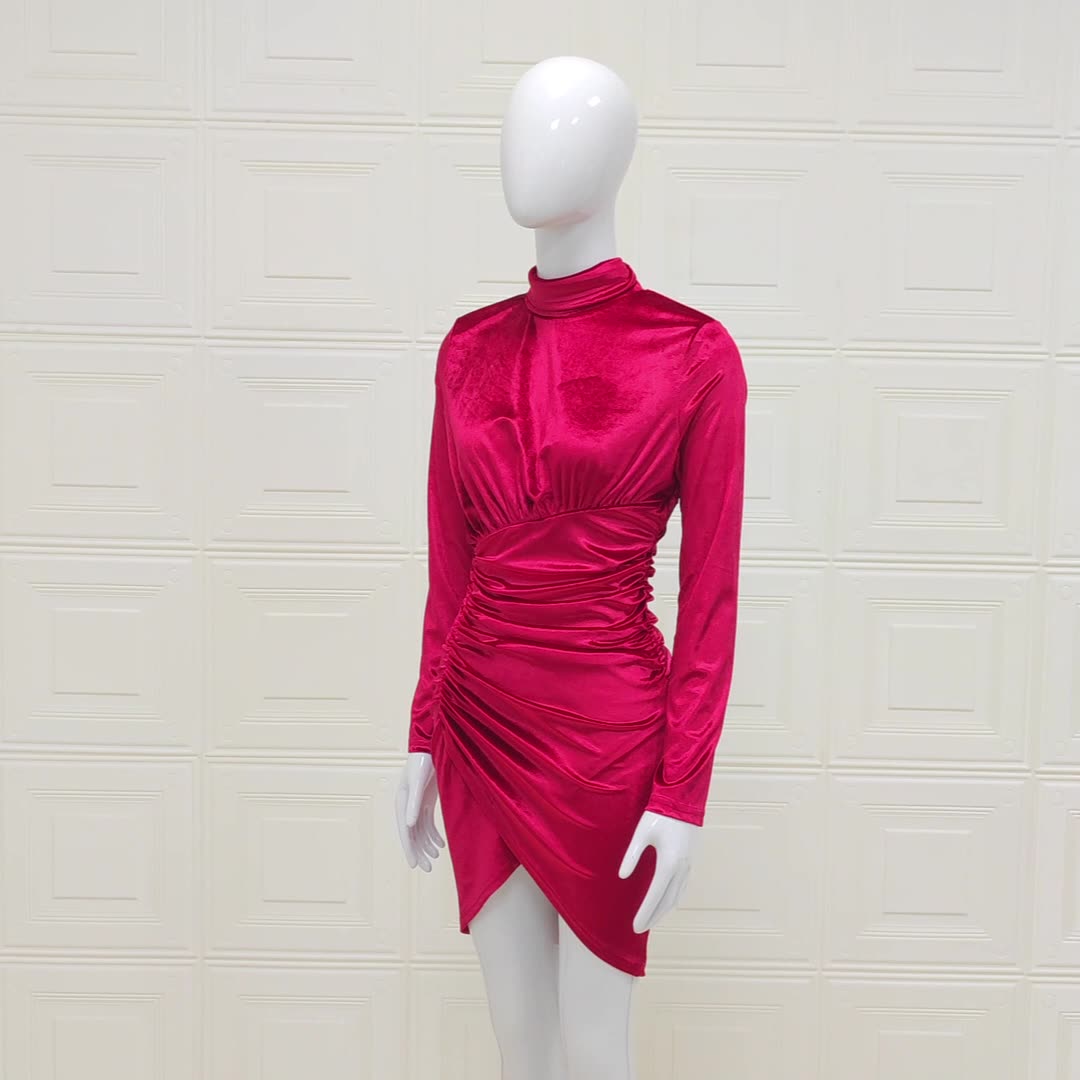 Vestido elegante de fiesta de franela, ajustado y plisado, con cuello alto y manga larga