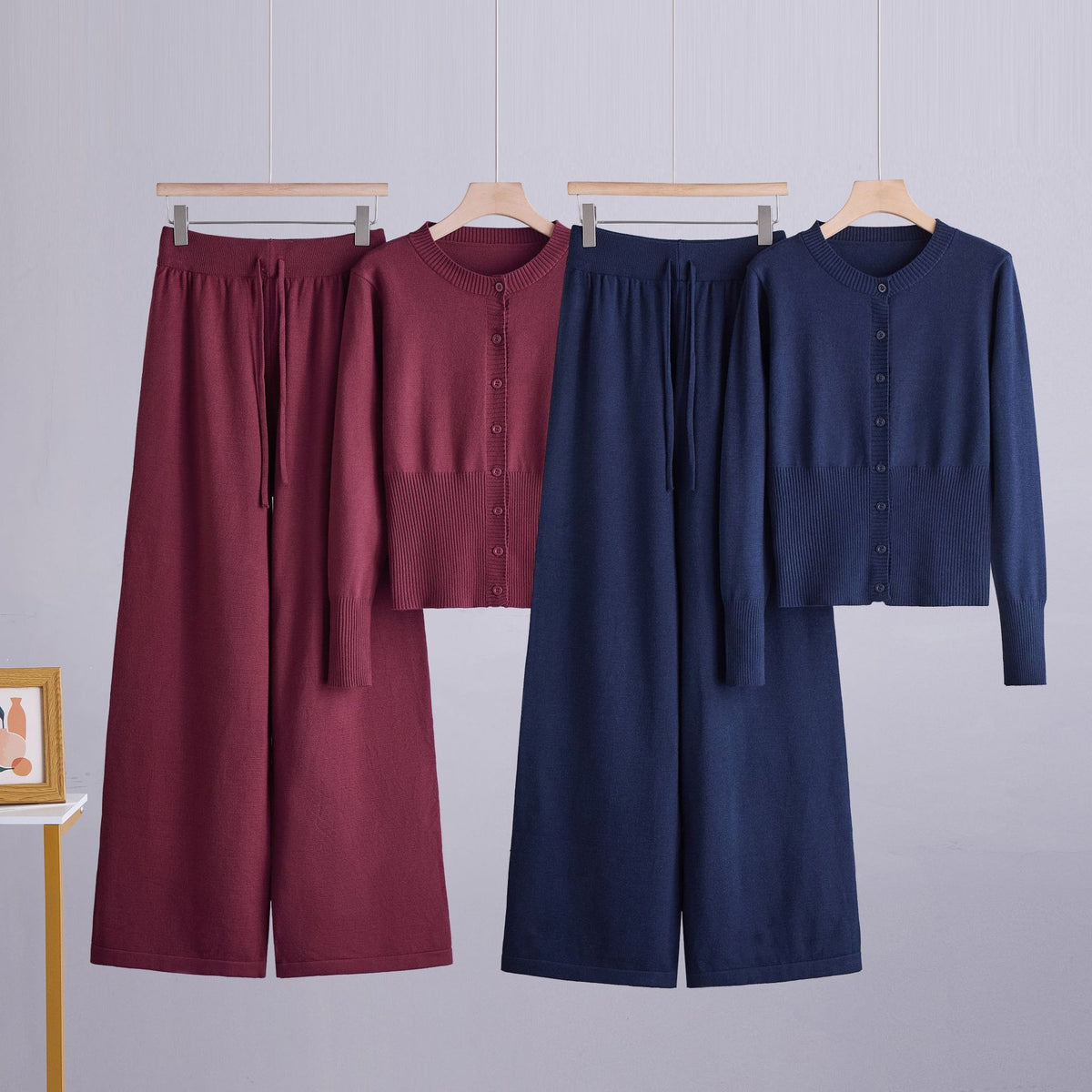 Conjunto de dos piezas con cárdigan de cuello redondo y botones y pantalón ancho recto de tiro alto