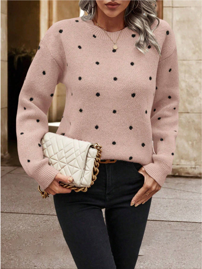 Round neck long sleeved pullover women's polka dot jacquard knitted sweater