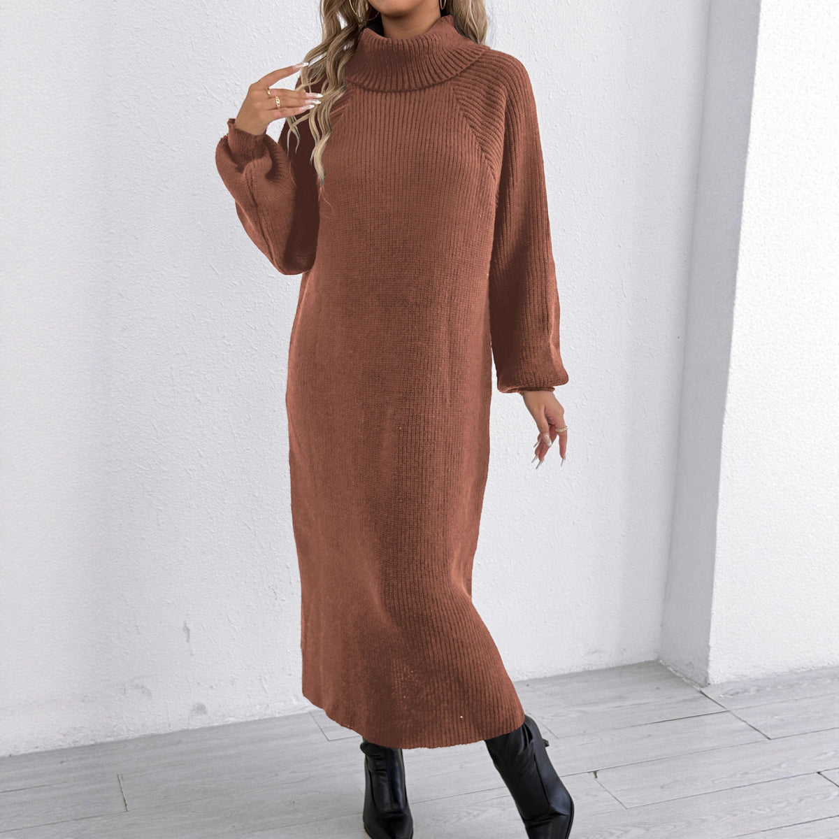 Vestido largo tipo jersey para mujer, holgado y casual, con cuello alto o vuelto, sin cinturón