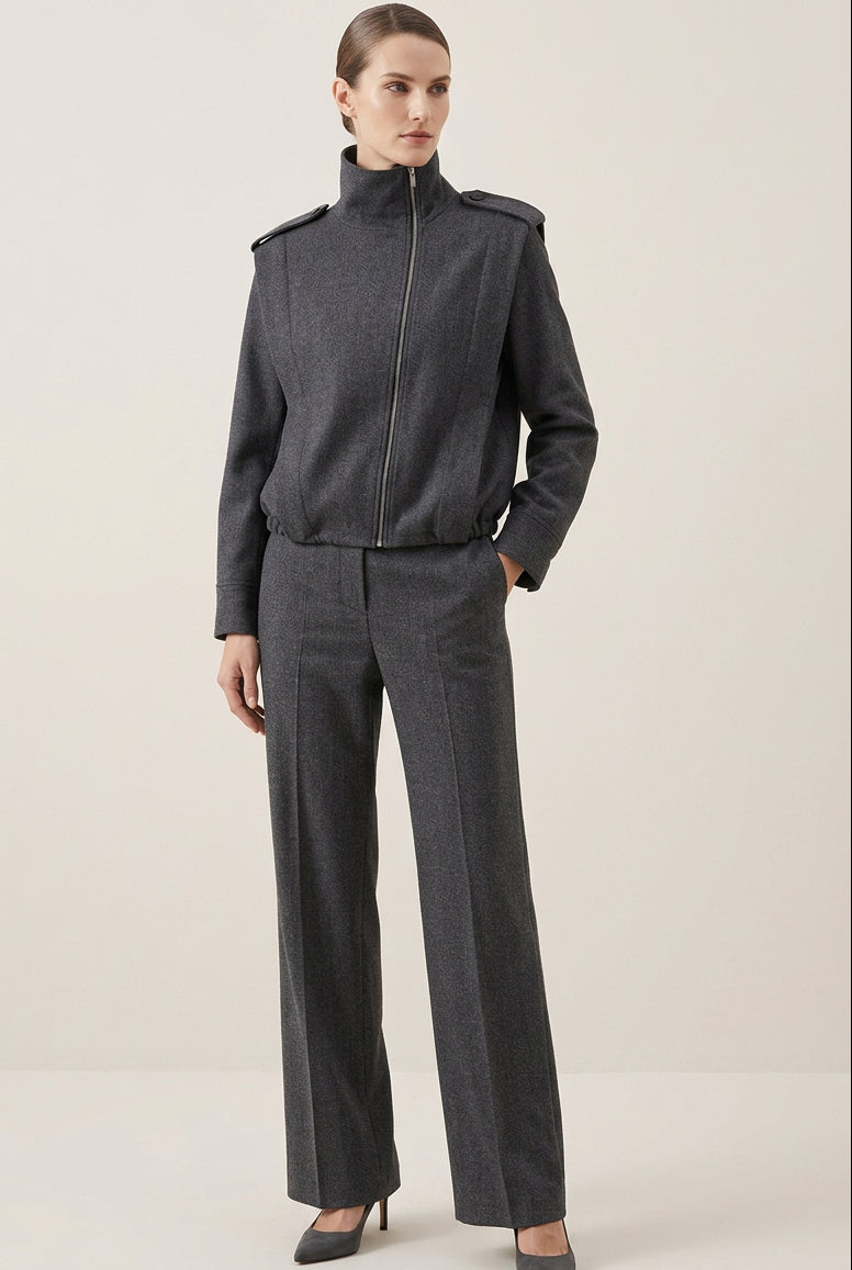 Conjunto de chaqueta con cremallera lateral y tira y pantalón para mujer