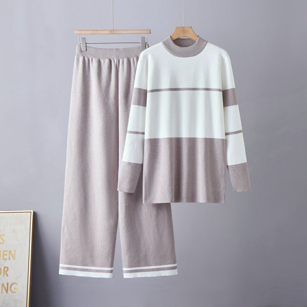 Conjunto de dos piezas con top de cuello redondo en bloques de color y pantalón de pernera ancha