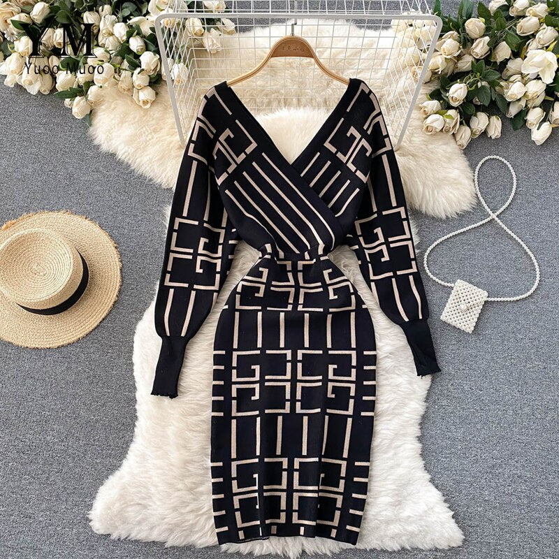 Vestido de punto ajustado YuooMuoo con escote en V y diseño geométrico, para otoño e invierno