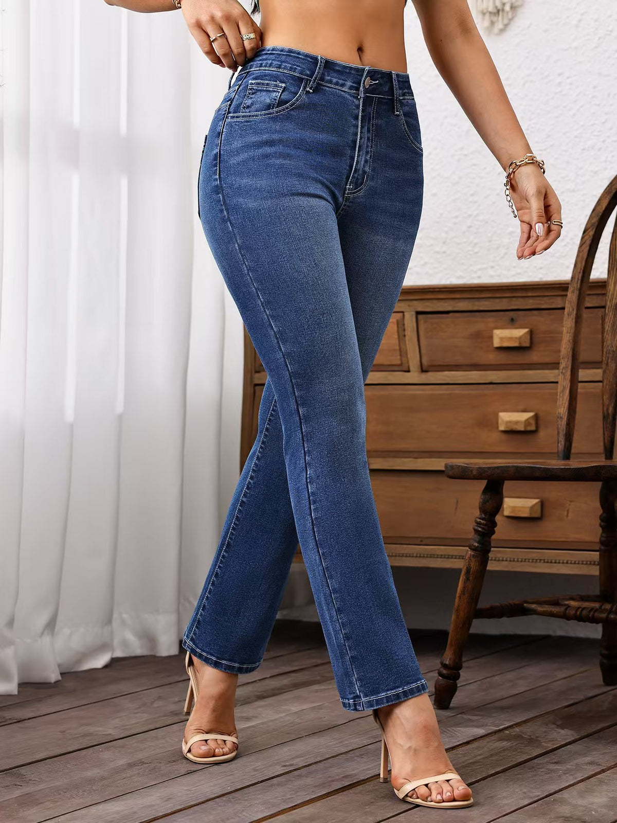 Classic Stretch Denim Jeans Women, Embroidered Blue Denim Cotton, Fashion Style, High Waist, Elastic Waistband, Casual Wear