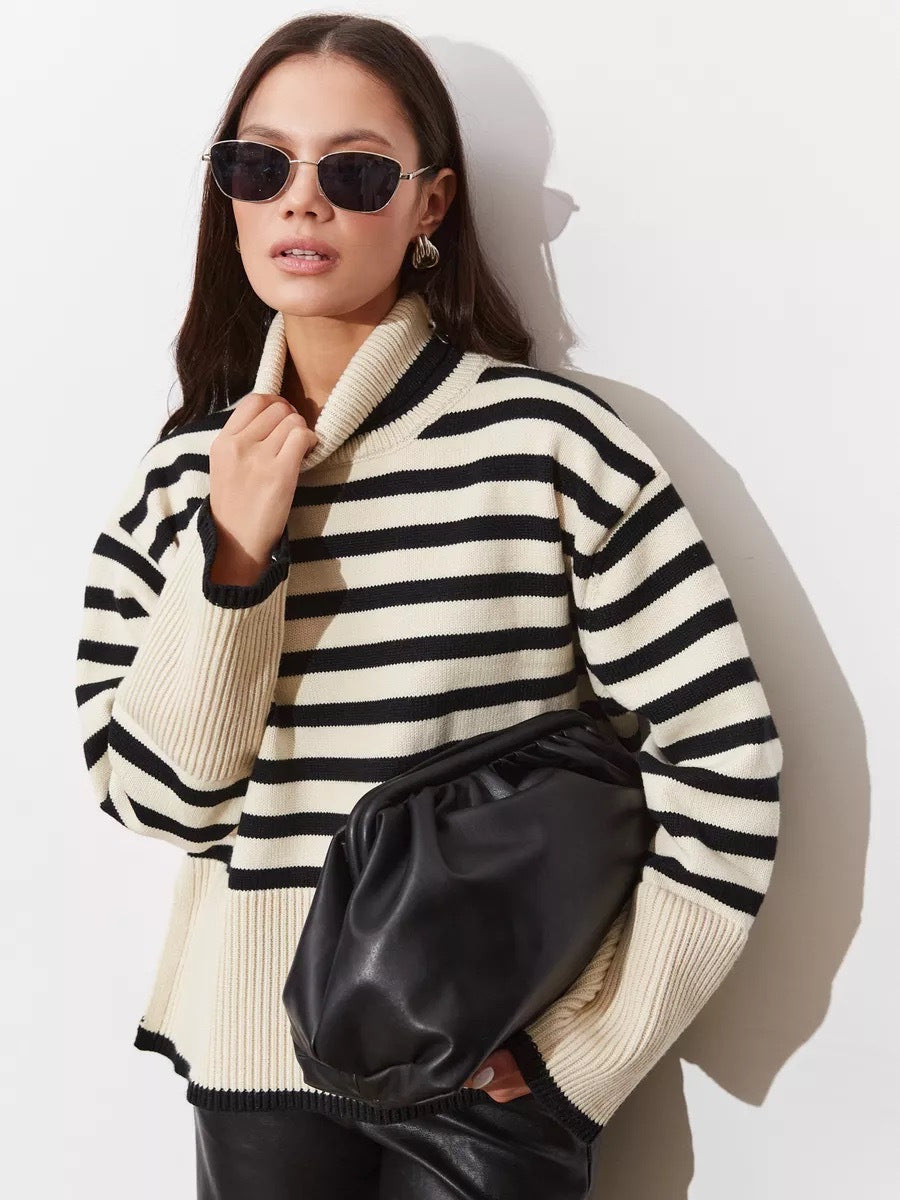 High Neck Stripe Knitwear Women's Top
