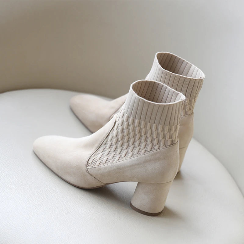 Botines para mujer con plataforma, tacón ancho y punta cuadrada, sin cordones