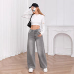 Washed Sky Gray High-Waisted Wide-Leg Denim Pants for Women