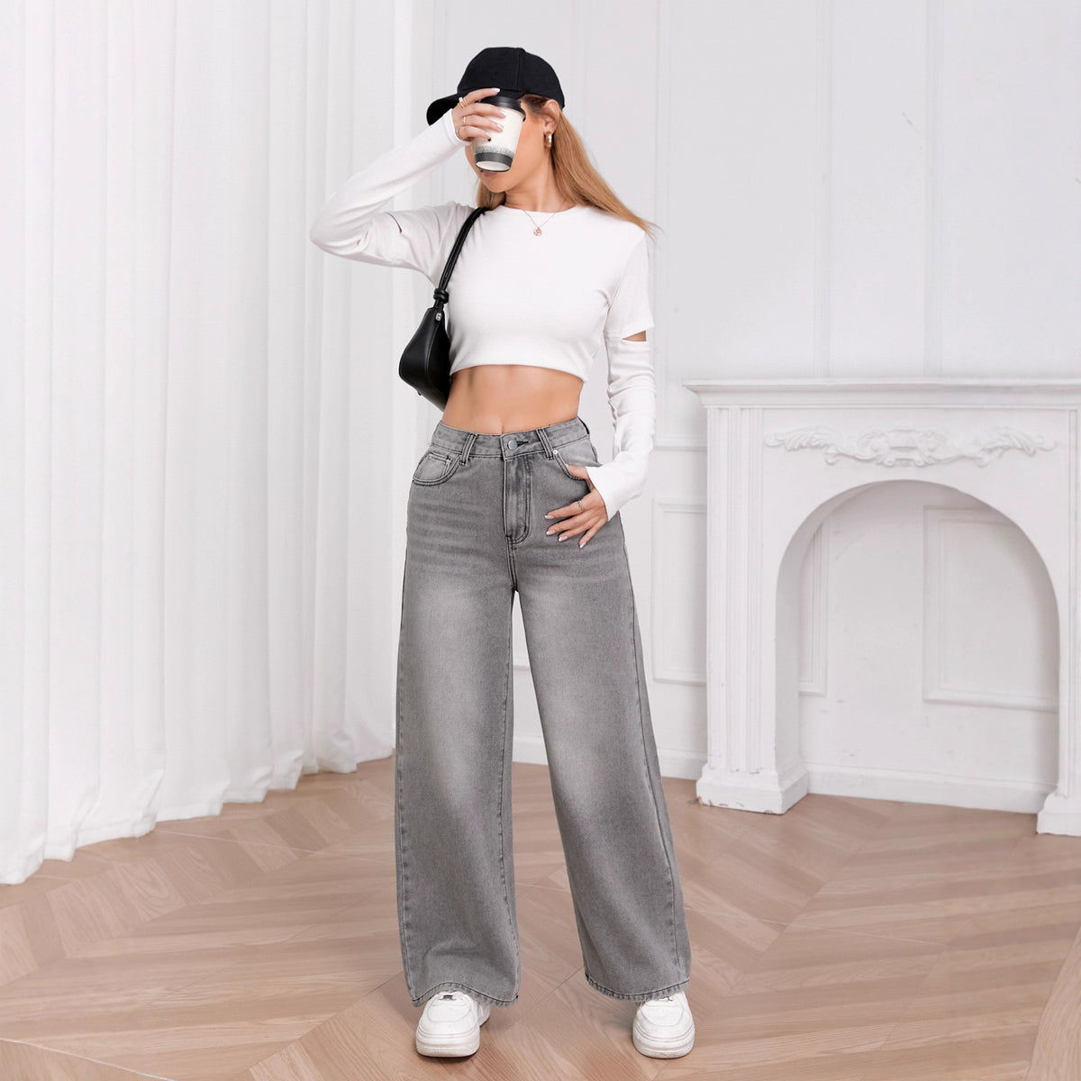 Washed Sky Gray High-Waisted Wide-Leg Denim Pants for Women