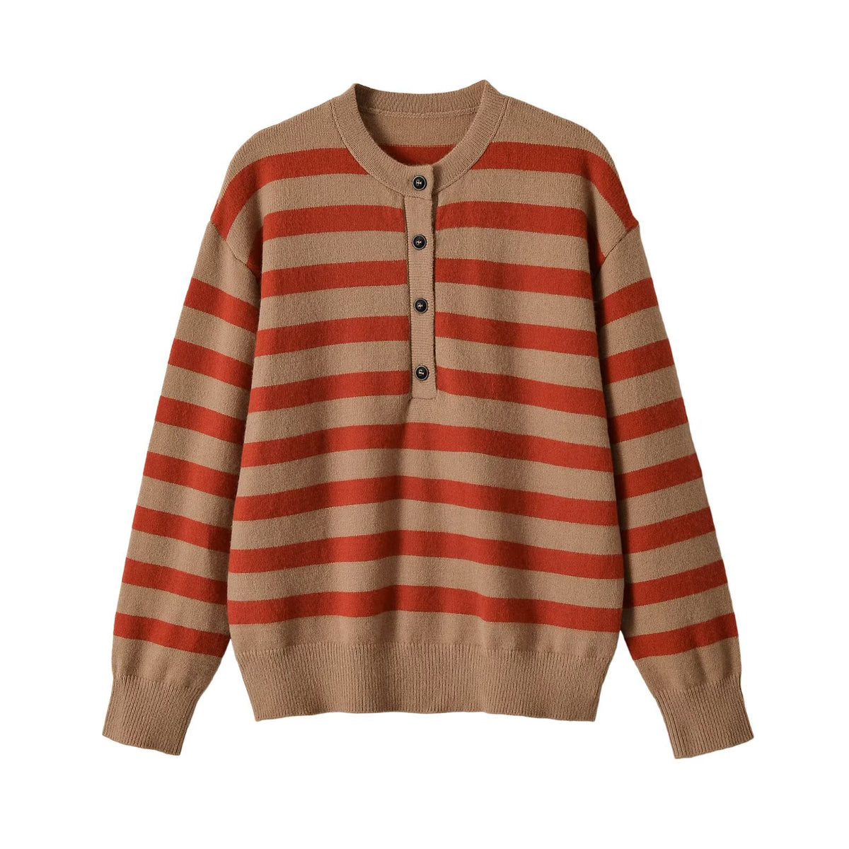 Button up stand up collar long sleeved striped knitted sweater for women
